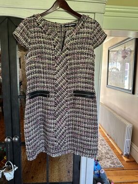 Karl Lagerfeld Black, White and Pink Tweed Mini Dress with Zip Front